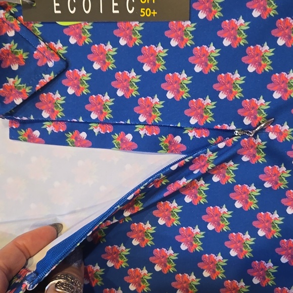 New Repreve Ecotec UPF 50+ Blue Floral Print Collared Quarter Zip Top - Picture 7 of 10